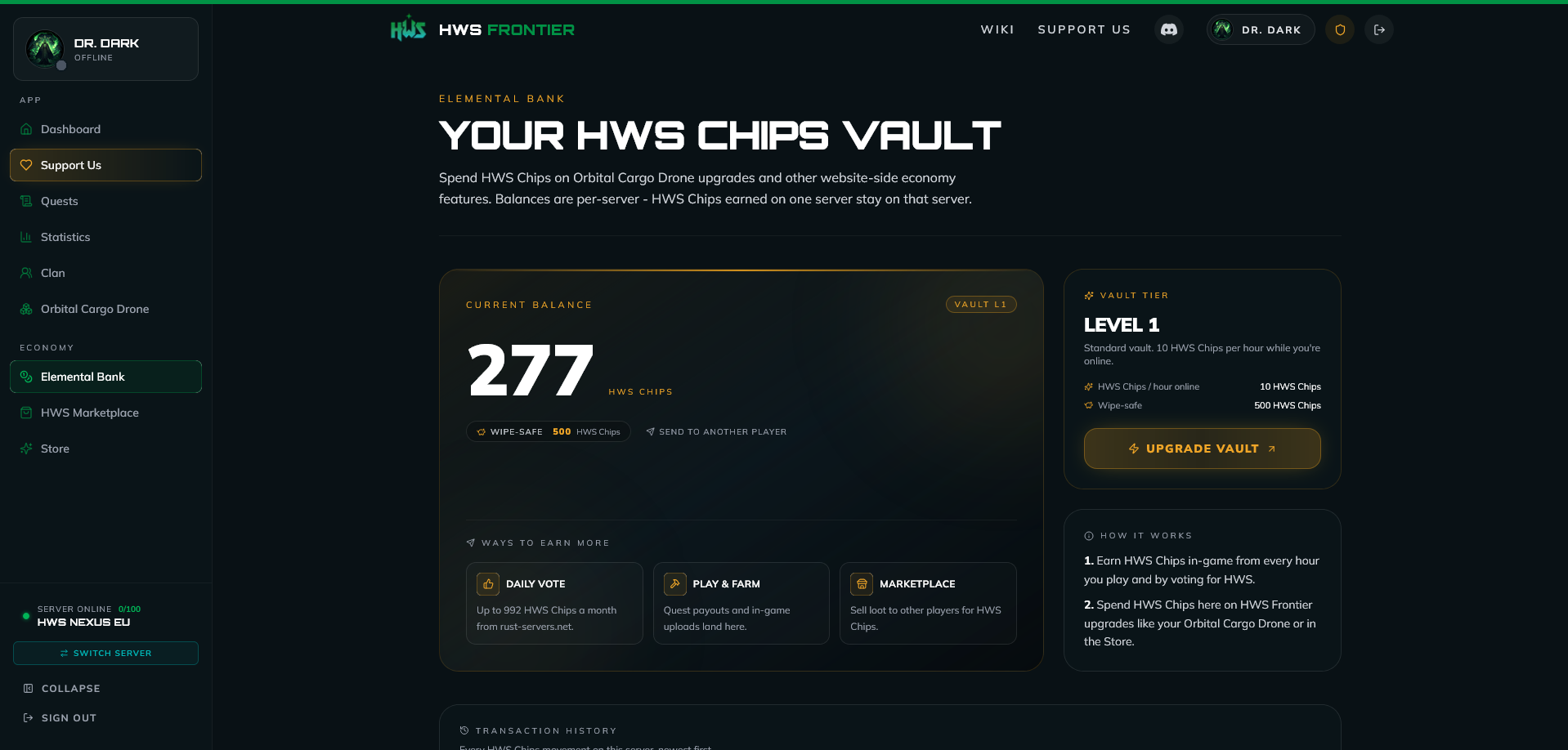 The Elemental Bank page in HWS Frontier