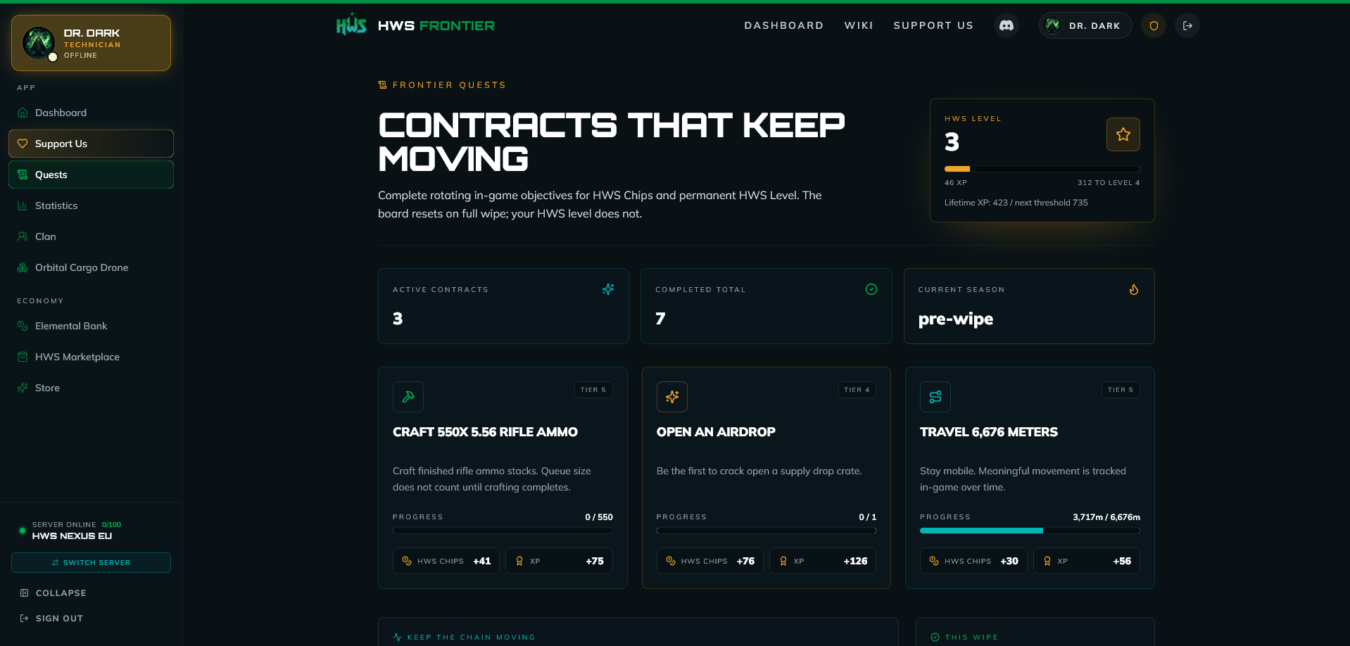 The Quests dashboard in HWS Frontier